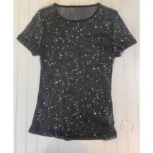NWT MANGOPOP Collection SHEER Black Silver Stars Top Short Sleeve NYE - Size XL